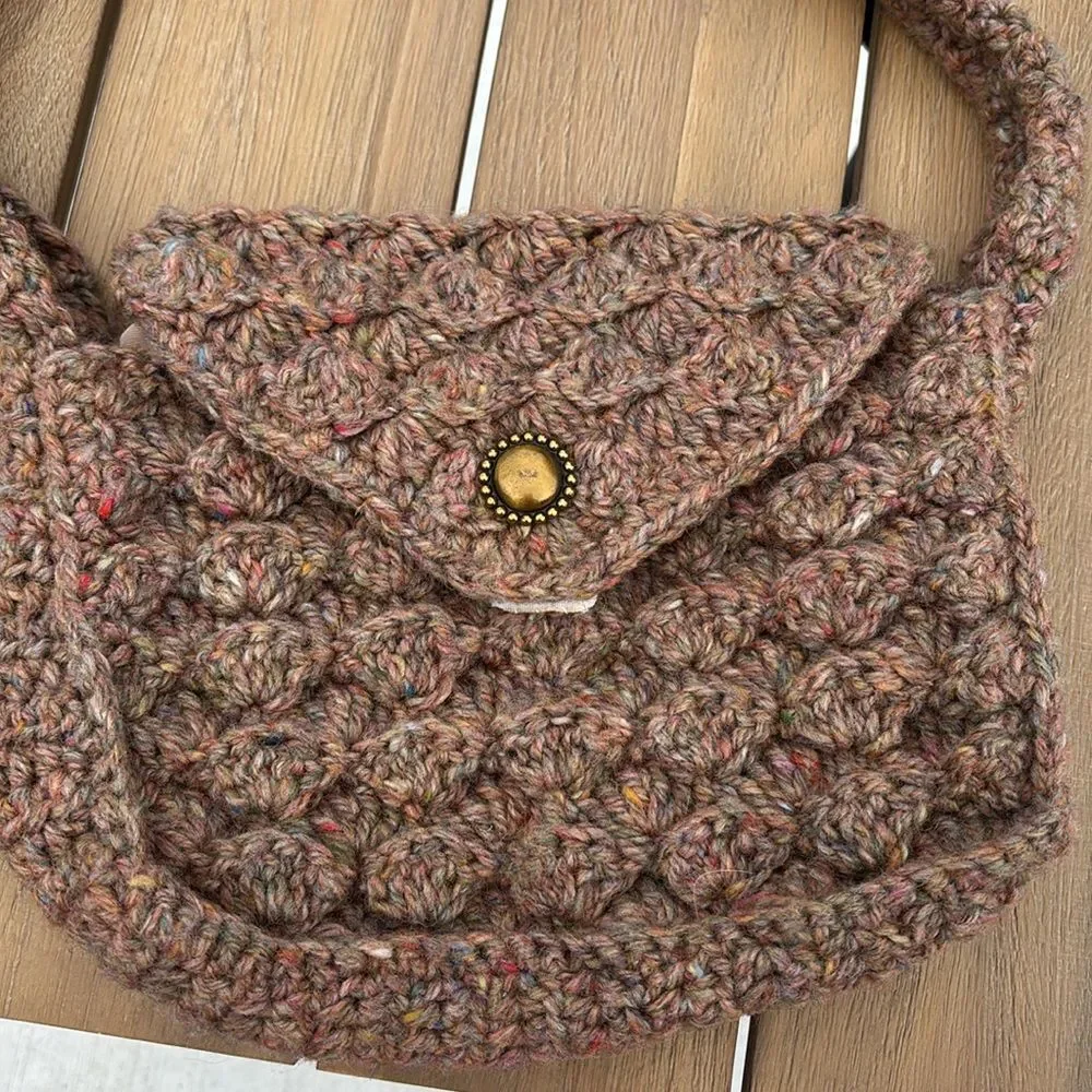 Vintage Handcrafted homemade speckle wool Brown Crochet Shoulder Bag purse EUC!